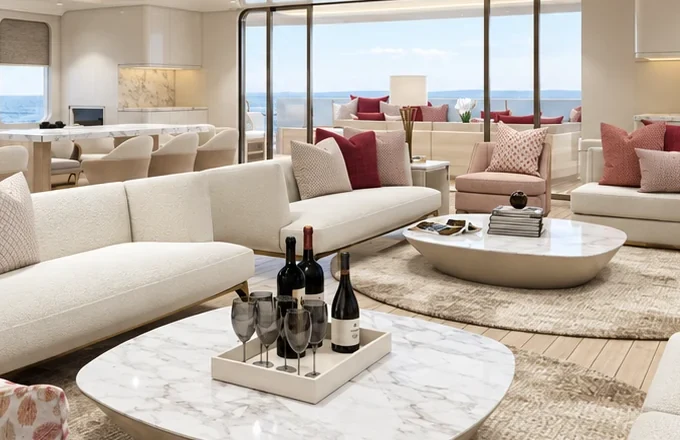 A marble coffee table with wine bottles in the salon