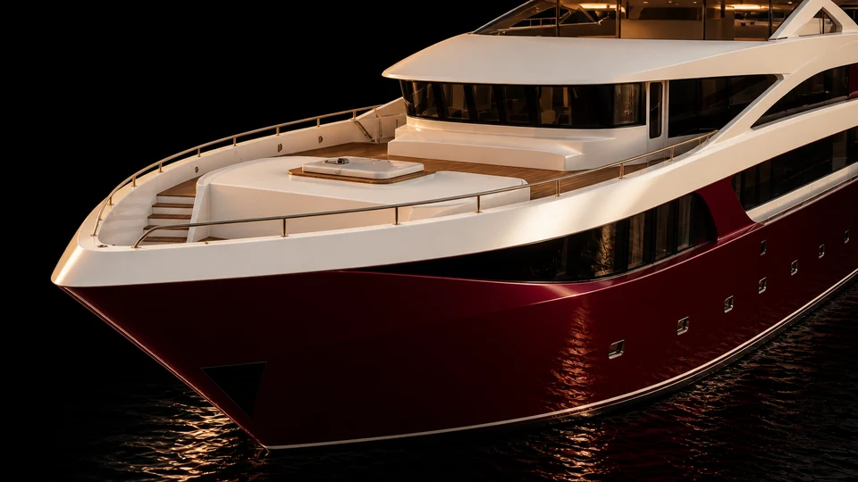 The bow of Marmoris: burgundy hull beneath ivory decks, lit against the night