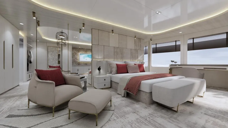 The master suite with a burgundy throw on the bed
