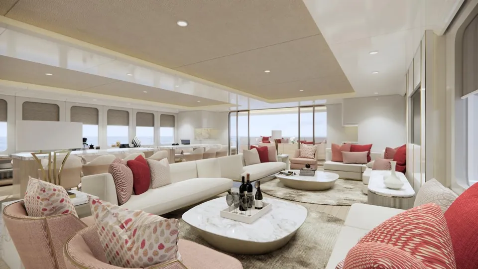 The main salon with sofas grouped around marble tables