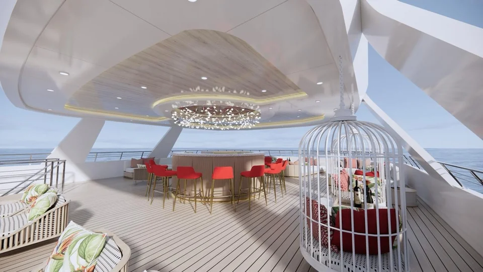 The sun deck bar with red stools under a curved canopy and chandelier