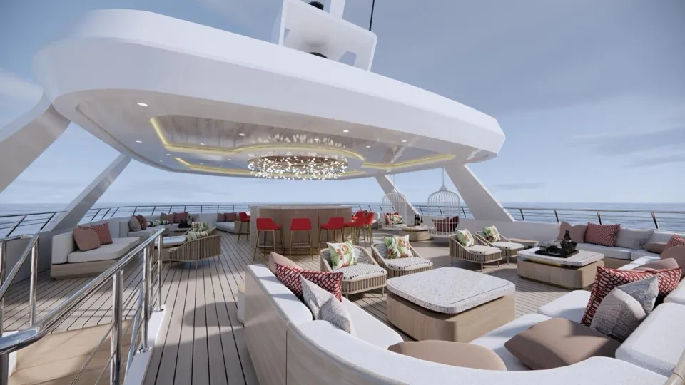 Lounge seating and the round bar on the sun deck