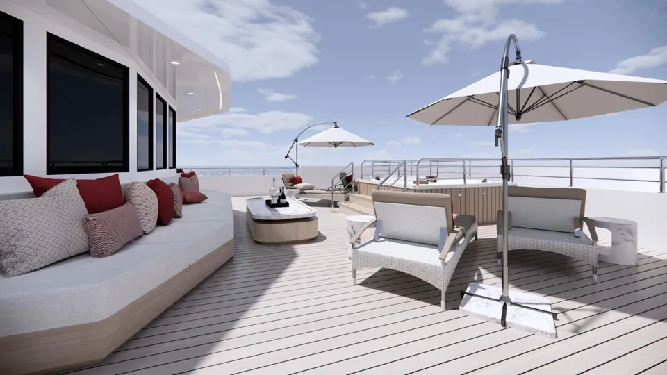 Deck sofas and lounge chairs beneath white parasols